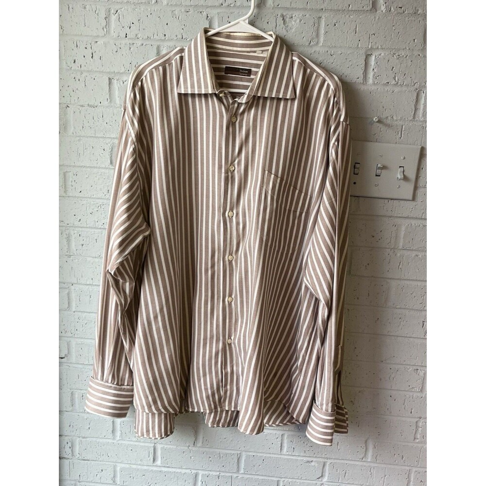 Tiglio Shirt Men  Beige Rustic Strip Cotton Dress Button Up Made in Italy 34/35